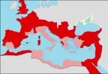 Carte de l'Empire romain qui indique quelles provinces sont sénatoriales et quelles provinces sont impériales. On se rend compte que les provinces sénatoriales sont beaucoup moins nombreuses, et qu'elles ne concernent que des territoires non stratégiques pour la défense : l'Italie, la Grèce, l'Ionie, la Bétique (Andalousie actuelle), une partie de l'Afrique du nord.