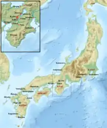 Carte du Japon avec un détail de la région de Kyoto, localisation de villes.