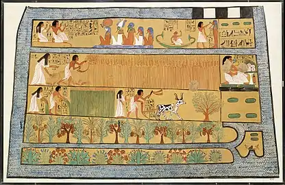Travaux paysans dans l’Égypte antique, fac-similé d'une fresque de la tombe de Sennedjem, sous la XIXe dynastie égyptienne.