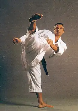 Serge Chouraqui, en tenue blanche de karatéka, avec une ceinture noire, se tient sur son pied gauche et propulse son pied droit vers nous