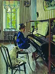 Tableau d'une enfant au piano, en veste bleue, un chien à côté, au fond une fenêtre sur de la verdure.