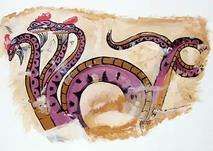 Vue d'artiste d'une peinture murale du Serpent mythique de la Tombe du quadrige infernal de la Nécropole des Pianacce située à Sarteano, province de Sienne.