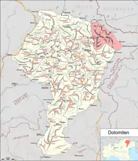 Cartes des Dolomites avec les Dolomites de Sesto en rose.