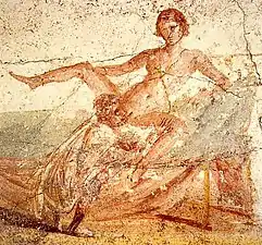 Cunnilingus sur une fresque d'un lupanar à Pompéi (IVe siècle av. J.-C.).