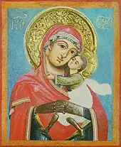 Mère de Dieu (ΜΡ ΘΥ) à l'enfant Jésus en tendresse, icône sur bois de Transylvanie, fin du XVIIIe siècle.