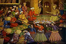 Peinture de style persane montrant des hommes assis et discutant.