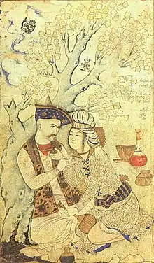 Shâh 'Abbâs et son page, Iran, début du XVIIe siècle. Ce portrait du shâh safavide Abbas Ier le Grand possède des connotations homoérotiques.