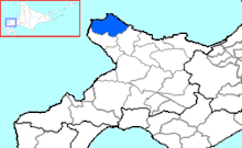 Carte bicolore montrant l'emplacement du district de Shakotan dans la sous-préfecture de Shiribeshi.