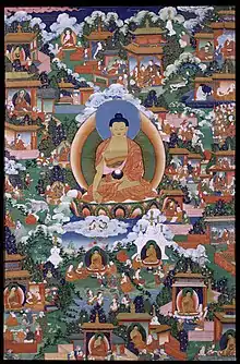 Painting with Gautama Buddha with scenes from Avadana legends depicted