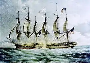 Vue de bâbord arrière de deux navires, voilées ferlées, se tirent dessus à bout portant.