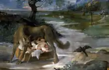 Peinture représentant une louve allaitant deux bébés.