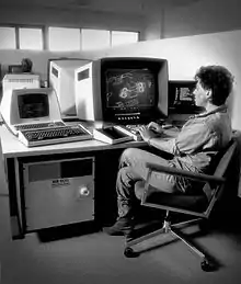 Shelley Lake working on computer graphics at Digital Productions, 1983.