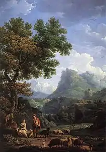 Tableau représentant un paysage de montagne avec un couple d'amoureux entouré de moutons au premier plan. La scène est dominée par un grand arbre vert à gauche et un ciel bleu avec des nuages blancs, contrastant avec la montagne en haut du tableau.