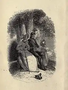 Illustration représentant un homme et une femme assis sous un arbre, avec deux enfants jouant à leurs côtés.