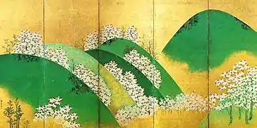 Watanabe Shikō. Admirer les fleurs, hanami, à Yoshino (Nara). Paravent (de 6 panneaux), avant 1755. Encre et couleurs sur feuilles d’or sur papier.