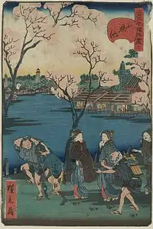 L'estampe décrit une scène amusante avec un groupe marchant le long de la rive du lac Shinobazu, avec des cerisiers en fleurs et les logements en arrière-plan. 1859