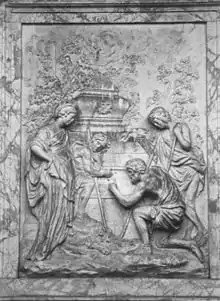Le relief de Shugborough, adapté de la deuxième version de Nicolas Poussin de Et in Arcadia ego. La phrase en latin y est inscrite.