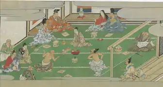 Scène 2 : partie du banquet où le noble défend les mérites du saké et de la convivialité.
