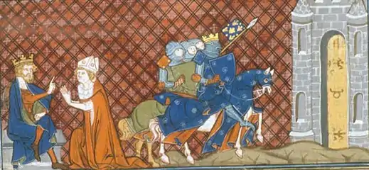 Siège de Clermont de 1122 par les troupes françaises du roi Louis VI le Gros ; à gauche Aimeric mande l'aide au roi. Chroniques de Saint-Denis, British Library.