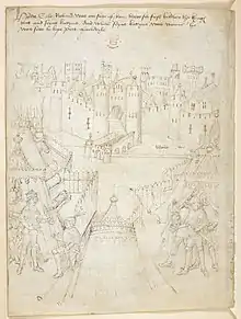 Siège de Rouen par Henri V, British Library, Cotton MS Julius E IV/3, fo 19 vo, quatrième quart du XVe siècle.