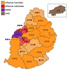 Carte figurant les sièges obtenus dans chaque circonscription par les partis.