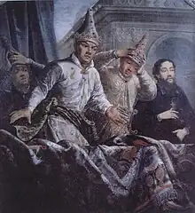 Trois ambassadeurs siamois en costume de cérémonie, accompagnés de leur interprète, l'abbé Artus de Lionne.