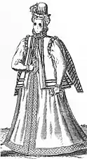 Sic nobilis femina vel equitant, vel obambulant (Ainsi une femme noble chevauche ou marche). Illustration tirée de Omnium Poene Gentium Habitus de Abraham de Bruyn