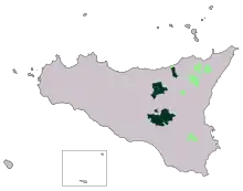 Carte de la Sicile indiquant en vert foncé et pale l'influence des Lombards