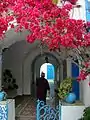 Passage couvert agrémenté de bougainvillées.