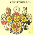 Armoiries des Fürstenberg : d'or, à la bordure nébulée d'argent sur azur, le champ ch. d'une aigle de gueules, becquée et membrée d'azur, ch. sur l'estomac d'un écusson écartelé: aux 1 et 4, de gueules, au gonfanon d'argent (Werdenberg); aux 2 et 3, d'argent, à la bande vivrée de sable (Heiligenberg). Cinq casques d'or, couronnés du même, excepté le troisième Source: Rietstap