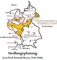 Carte établie par Konrad Meyer le 24 janvier 1940. Le Siedlungsplanung spécifie, selon la richesse des terres agricoles, les régions de Pologne prioritaires pour la colonisation germanique.