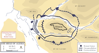 Carte schématique du siège d'Alésia établie à partir des fouilles françaises et franco-allemandes (1991-1997).