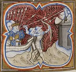 Miniature représentant Louis IX à bord d'un navire chargé de soldats tandis que d'autres soldats à terre attaquent une tour bien défendue.