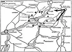 Carte montrant la proximité de Liège et de sa ceinture de forts vis-à-vis de l'Allemagne.