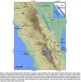 Localisation de la sierra de Juárez sur une carte de la péninsule de Basse-Californie.