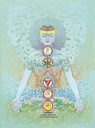 Les sept Chakras (en dévanâgarî : चक्र) et le Mahābhūta(en dévanâgarî : महाभूत) dans la tradition tantrique. Le yoga et le tantrisme ont influencé la médecine ayurvédique traditionnelle.