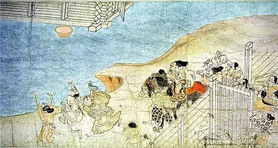 Le grenier s'envole (en haut à gauche).Section du rouleaux des légendes du mont Shigi. XIIe siècle.