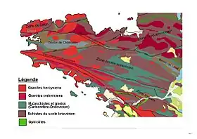 Extrait de la carte géologique du massif armoricain, avec le Sillon de Bretagne au sud-est