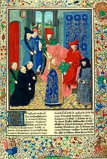 Philippe le Bon, le chancelier Rolin et le futur Charles le Téméraire reçoivent de Guillaume Fillastre le manuscrit des Grandes Chroniques de France.