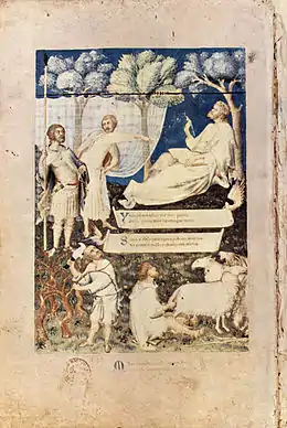 Enluminure pleine page. Au premier plan, viticulteur, berger et moutons. Au second, deux hommes regardent Virgile assis, écrivant.