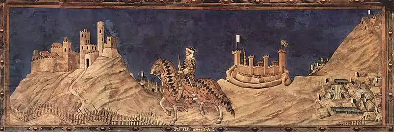 La fresque  représentant la prise de la Rocca de Montemassi par Guidoriccio da Fogliano  (1328) au palazzo pubblico.
