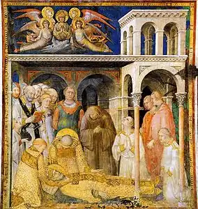 Photographie en couleurs d'une fresque représentant un groupe de personnages en prière autour d'un mort.