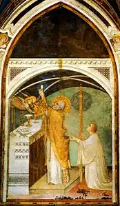 Élévation de l'hostie par Simone Martini, ca. 1325, avec élévation du cierge.