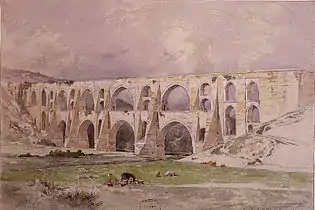 Aqueduc de Maglova réalisé par Sinan entre 1553 et 1564. Aquarelle de Jules Laurens (1847)