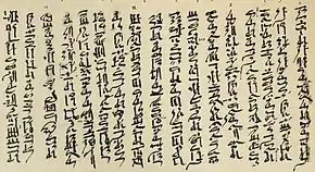 Papyrus montrant une écriture hiératique (Moyen Empire) répartie en 17 colonnes de dix à quatorze caractères chacune