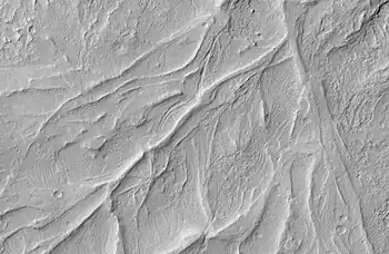 Crêtes sinueuses dans la région de Medusae Fossae, au sud d'Amazonis Planitia, illustrant les reliefs inversés révélant d'anciens lits de cours d'eau durcis par cimentation, vues par MRO le 8 avril 2008.