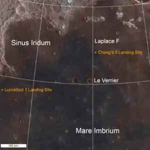 Localisation du point d'atterrissage de Chang'e 3 par rapport à celui de Lunokhod 1.