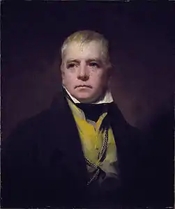 Homme en buste peint de face sur fond sombre. Veste noire et gilet jaune. Cheveux blonds. Yeux bleus au regard intense.