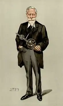 Dessin d'un homme debout habillé d'un complet, avec lunettes et barbiche blanche, qui tient dans sa main un objet en verre.