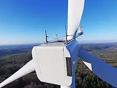 Vue arrière d'une éolienne.